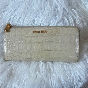 Miu Miu Croc-Embossed Zip-Around Wallet in Cream with Gold Hardware